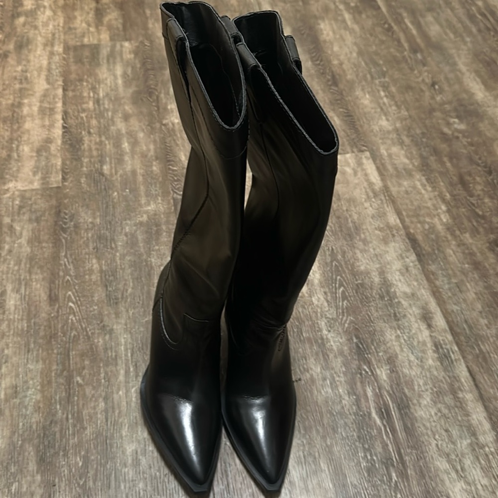 Mango Black Pointed Toe Knee-High Heeled Boots